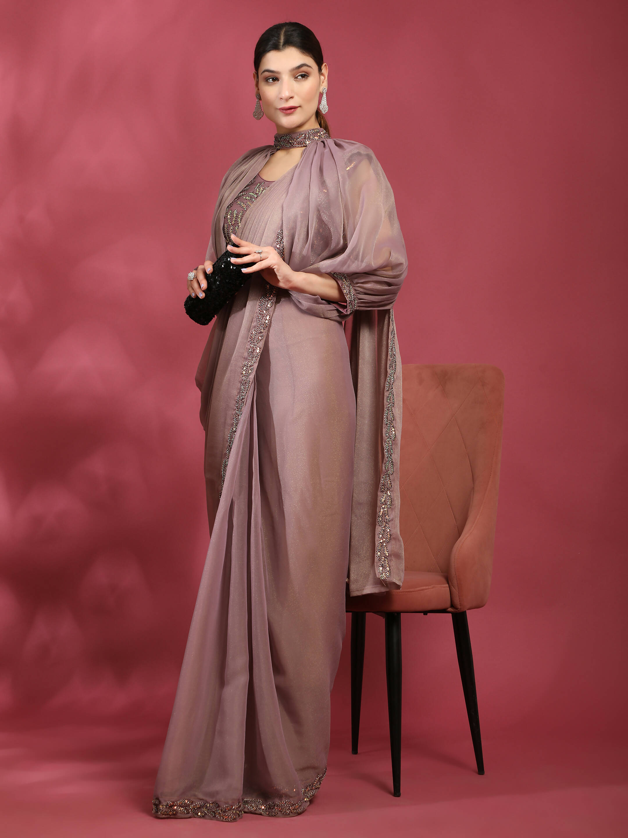 Purple Fancy Pure Fabric Plain Ready to wear Saree with stitched Blouse - Vrinda