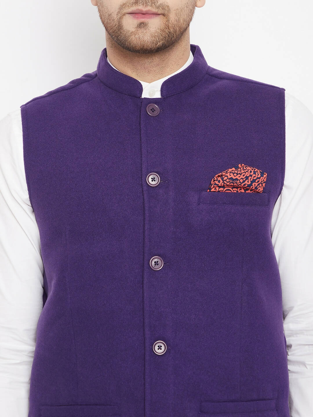 Even Apparels Purple Wool Men's Nehru Jacket-Contrast Lining-Inbuilt Pocket Square