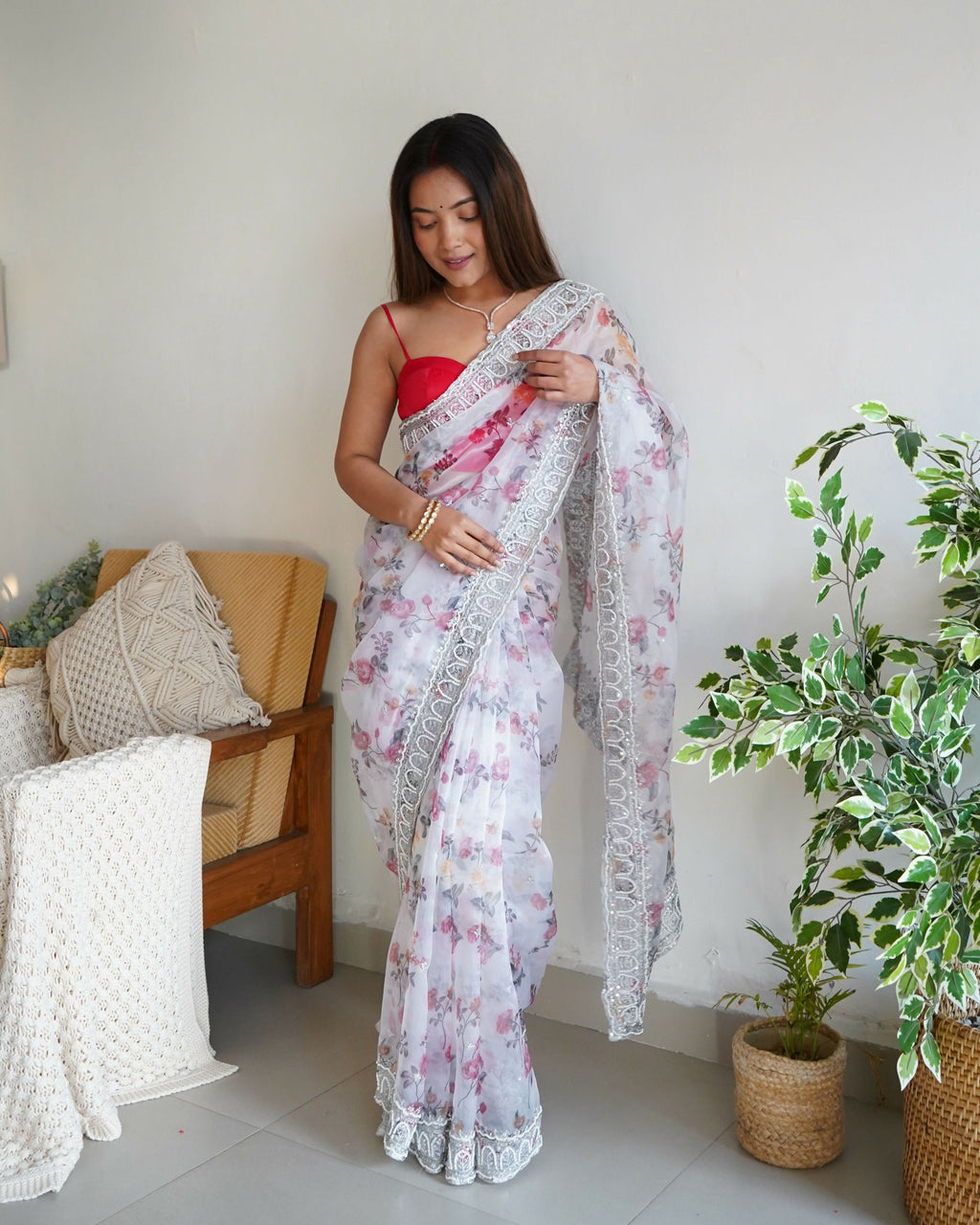 Vamsee Ferry White Organza Saree