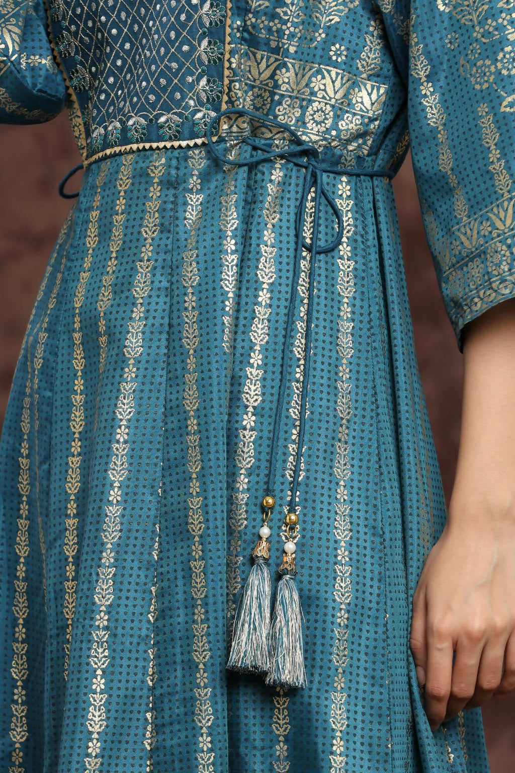 Juniper Women Teal Shantoon Printed Anarkali Dress