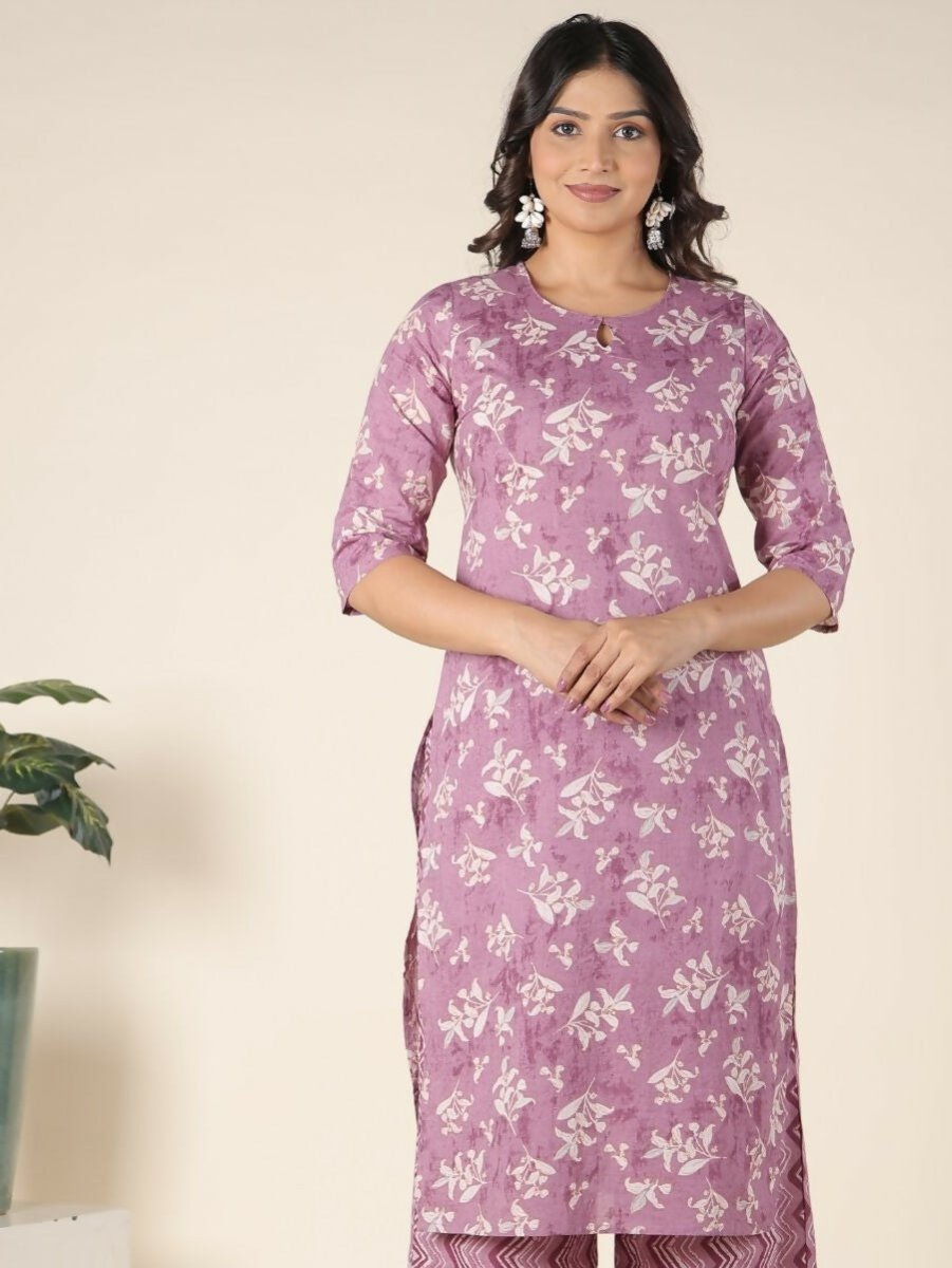 Aramya Pink Soft Cotton Floral Straight Kurta for Women