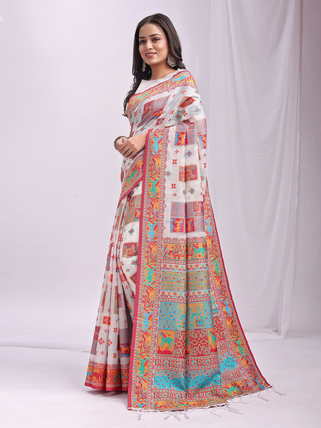 Shree Shyam Fashion Linen Cotton(Woven Work) White Saree