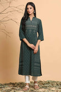 Juniper Women Jade Green Rayon Slub Bandhani Printed A-Line Kurta