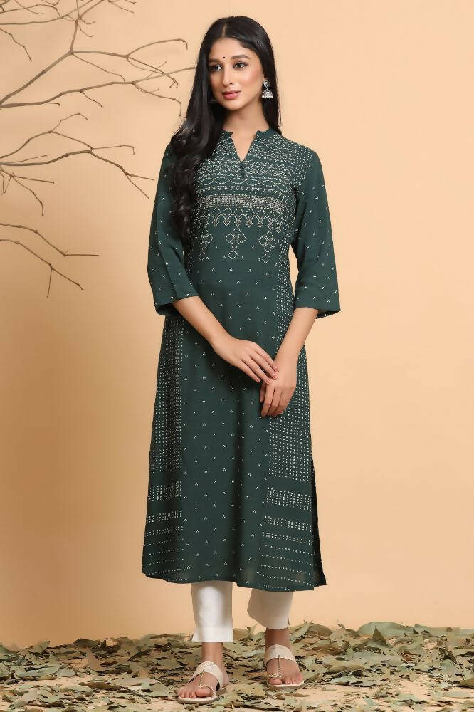 Juniper Women Jade Green Rayon Slub Bandhani Printed A-Line Kurta