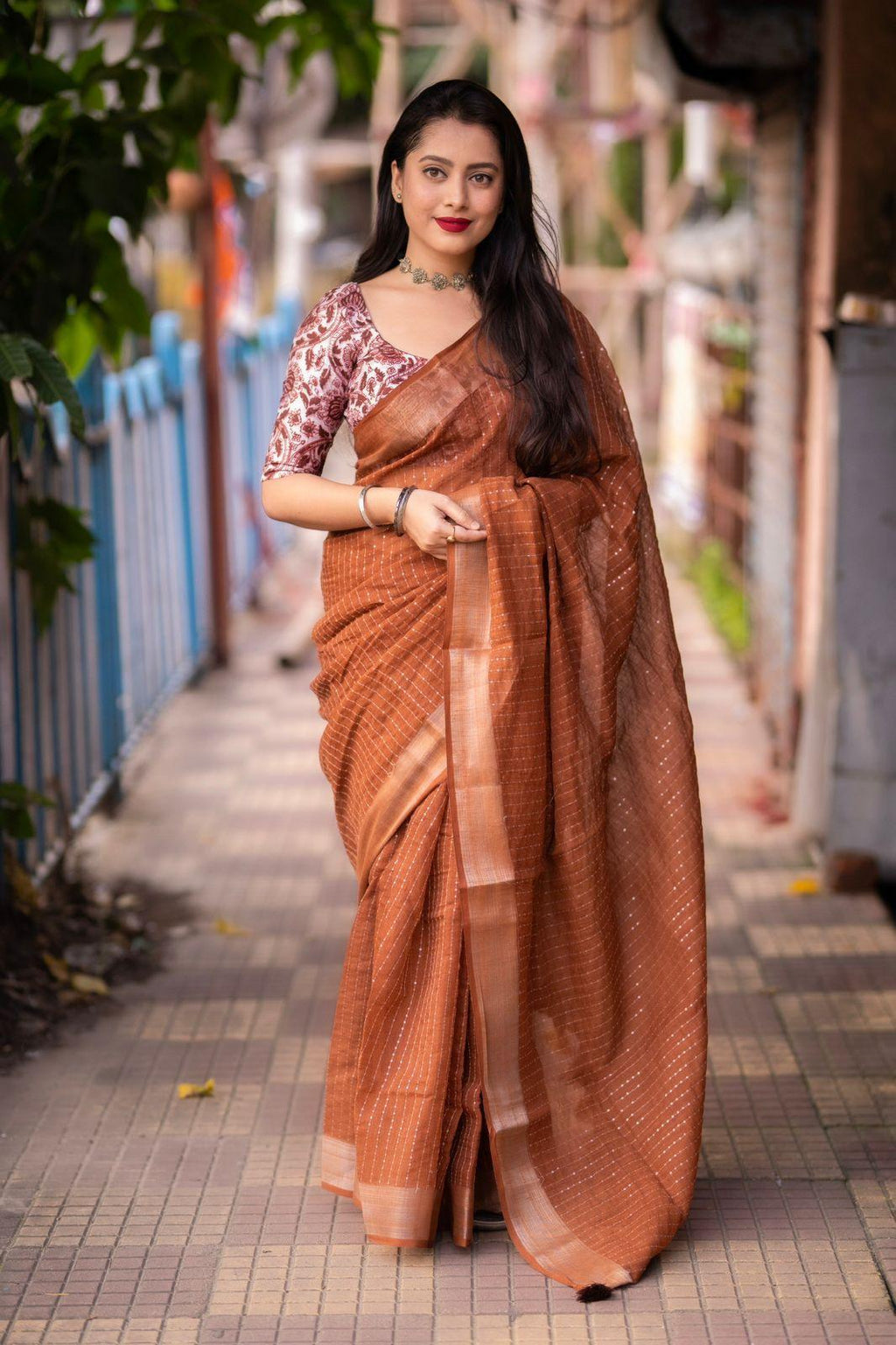 Brown Linen Sequence Saree with Unstitched Blouse - Hiral Fashion
