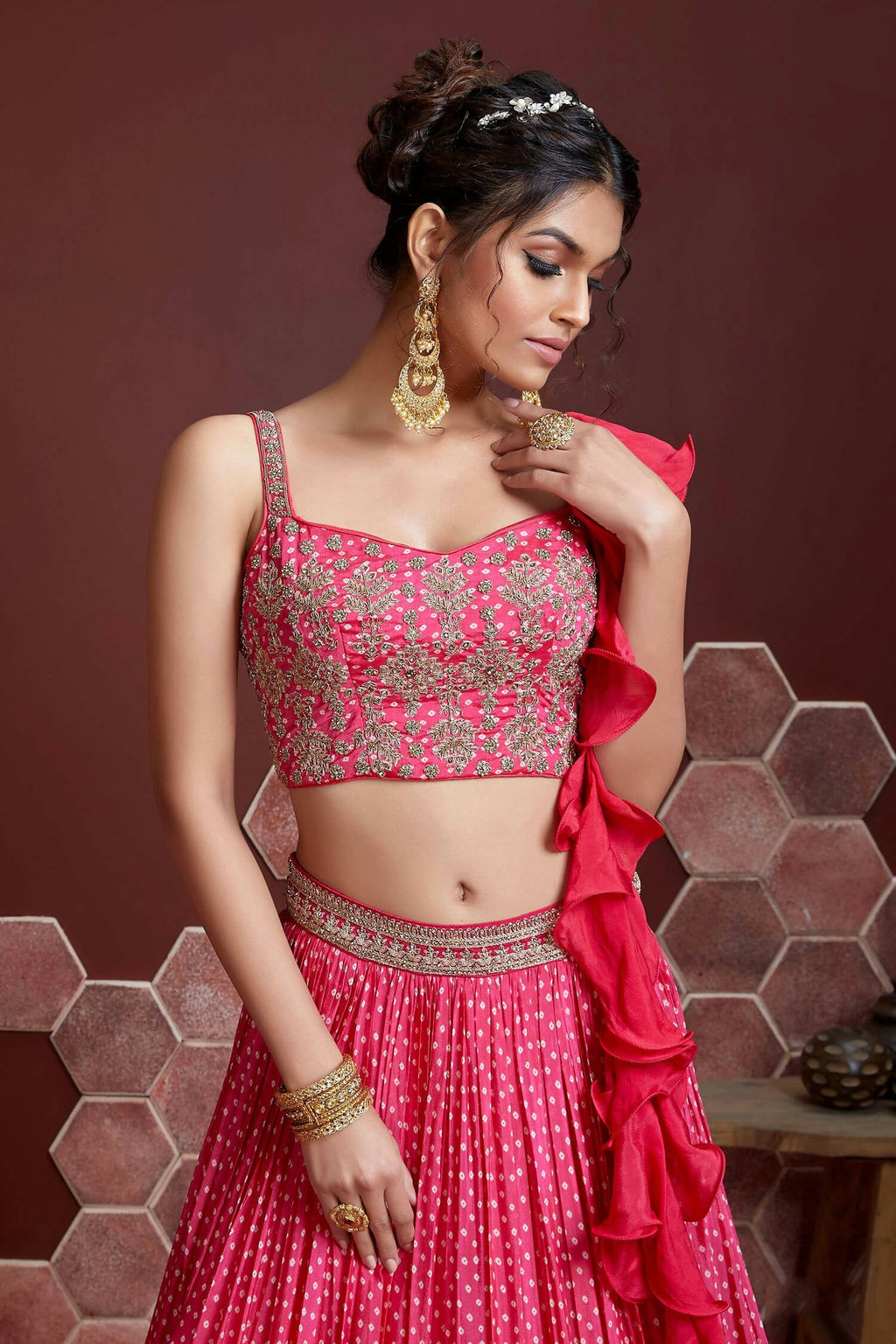 Wedding Designer Pink Chinon Silk Lehenga Choli - Anbazaar