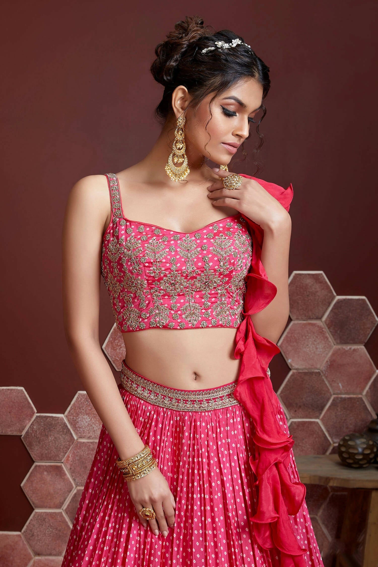 Wedding Designer Pink Chinon Silk Lehenga Choli - Anbazaar