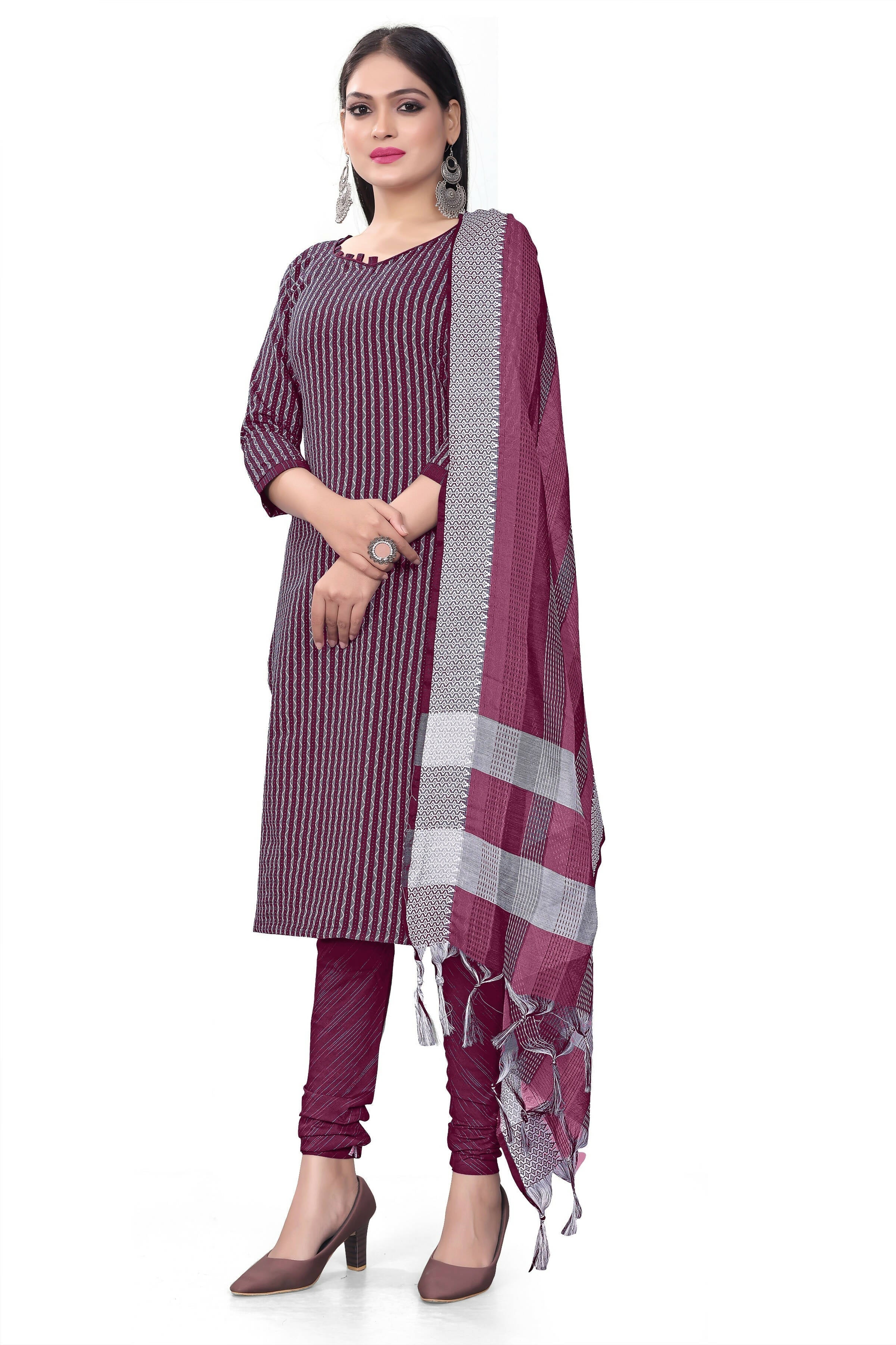 Wine Cotton Jacquard Woven Unstitched Dress Material - Amara