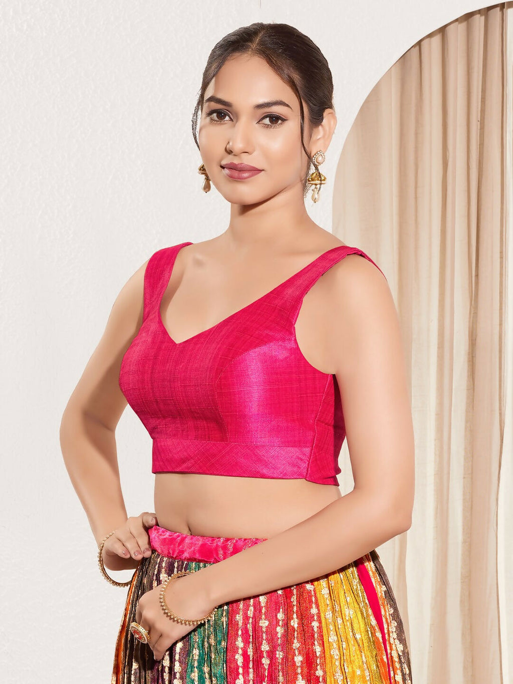 Joban Fashion Dark Pink Mulberry Silk Padded Blouse With Round Neck Sleeveless
