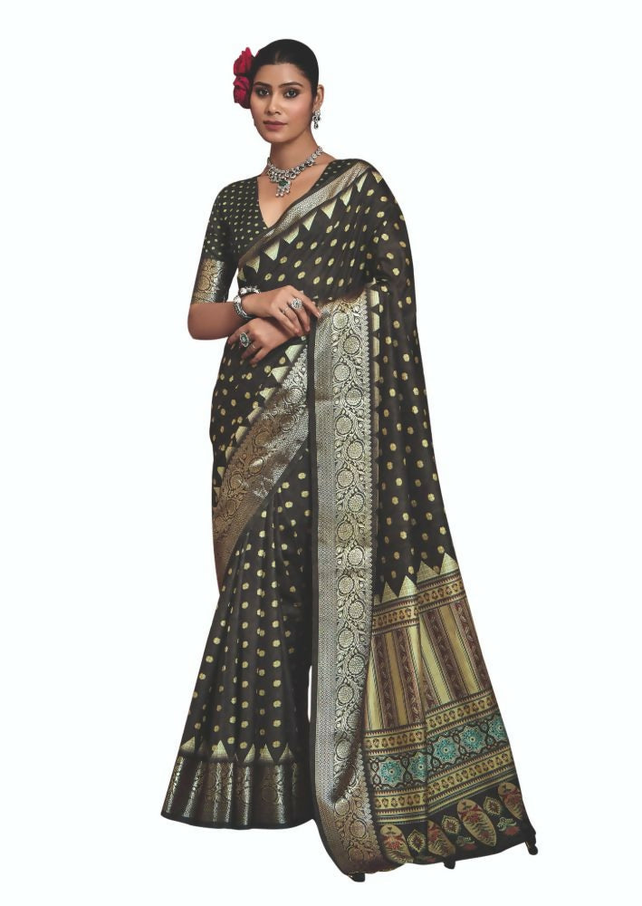 Joban Fashion Grey Dola Tussar Silk Self Jacquard Border Saree