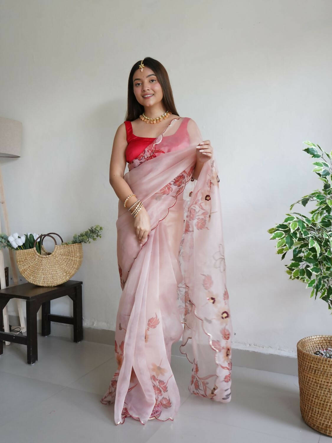 Vamsee Peach Organza Saree