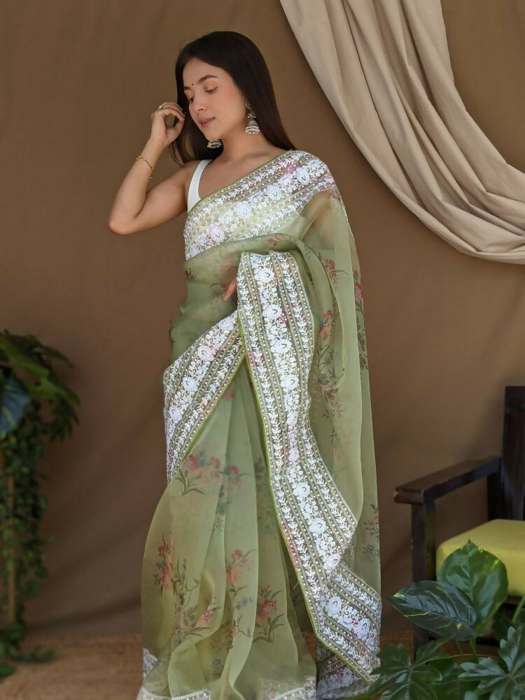 Vamsee White Border Green Organza Saree