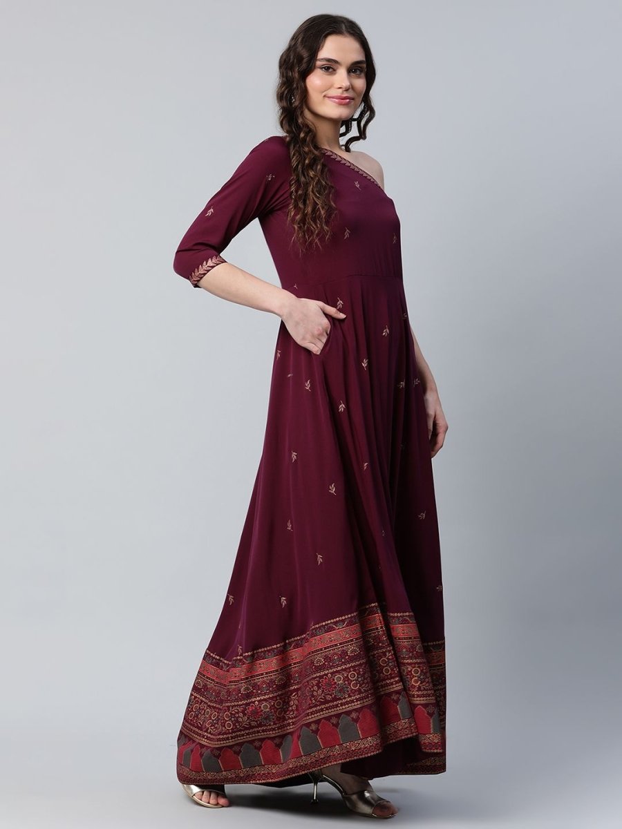 Ahalyaa Women Burgundy & Gold-Toned Ethnic Motifs One Shoulder Ethnic Maxi Dress