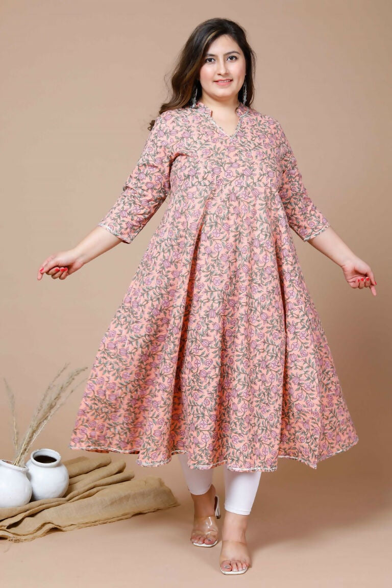 Miravan Women's Orange Plus Size Cotton Floral Printed Anarkali Kurta