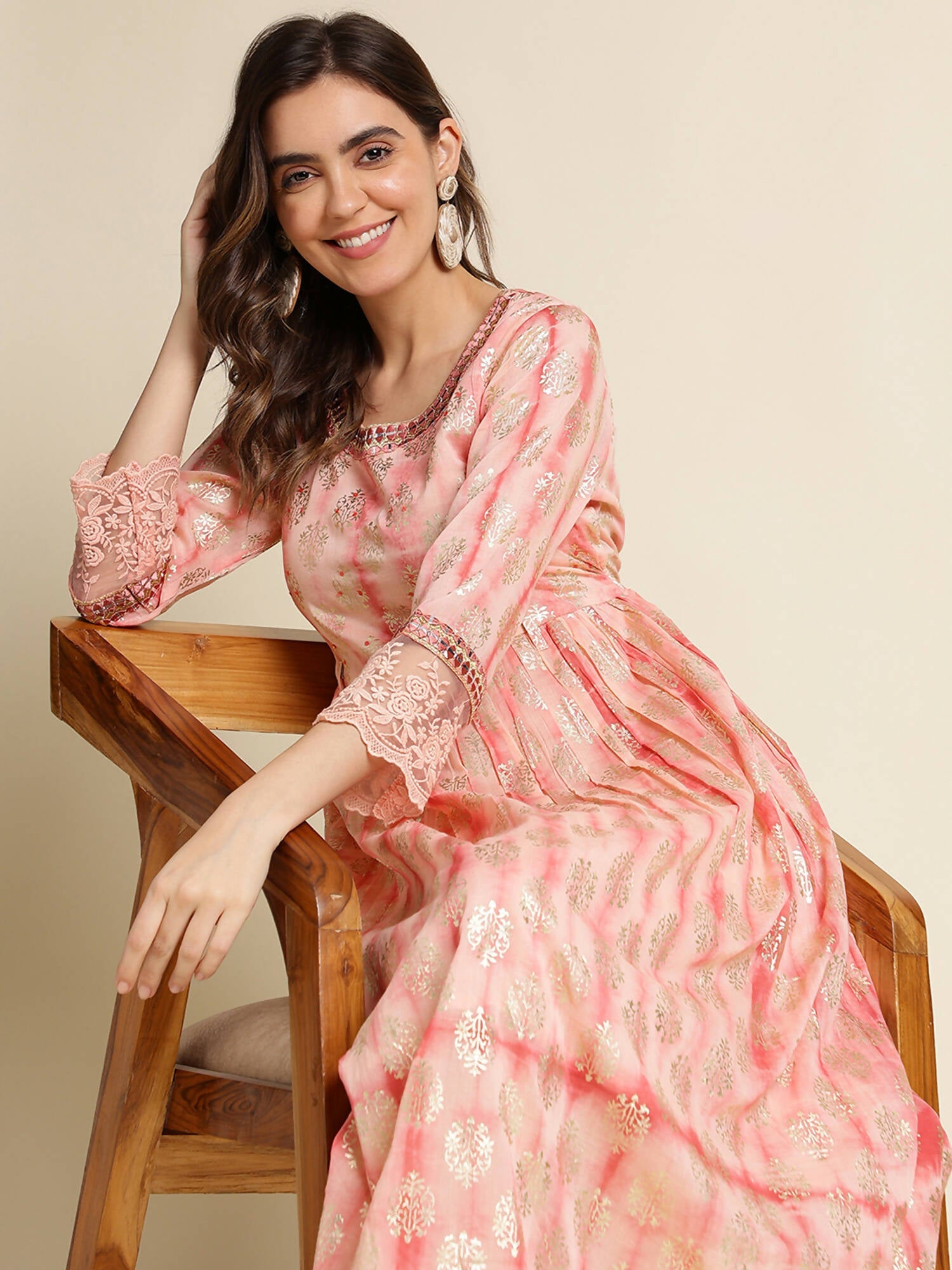 Peach Cotton Paisley Printed Fit & Flare Dress - Yukti