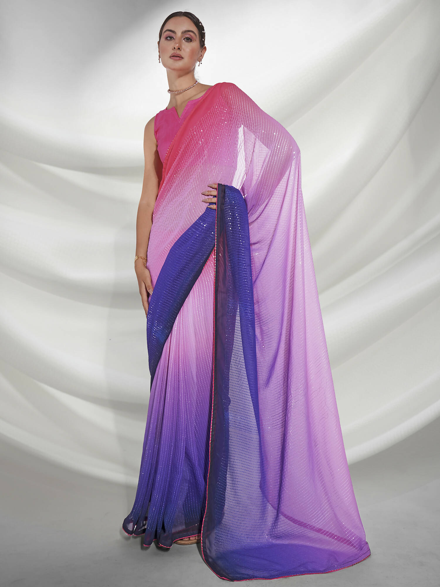 Pink Georgette Sequence Embroidery Saree With Unstitched Blouse Piece - Rajal