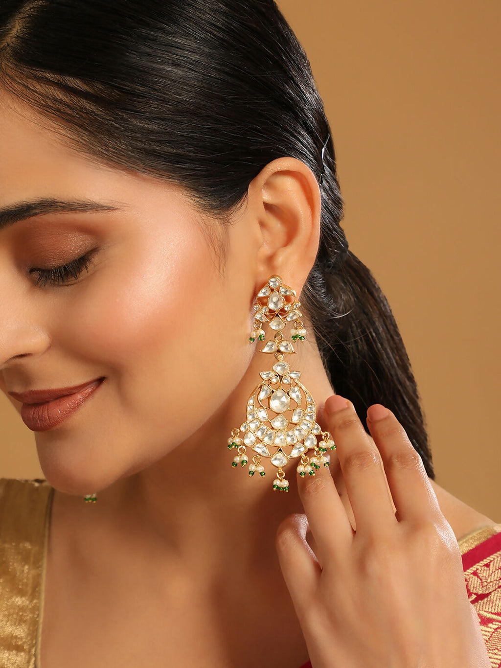 Nuyug 22K Gold Plated Chandbali Stone Drop Kundan Earrings