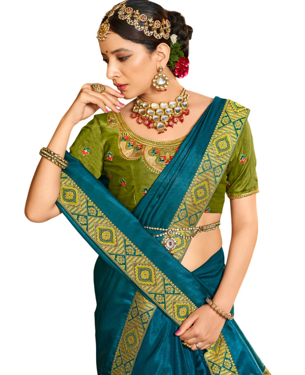 Teal Solid Vichitra Saree With Unstitched Blouse Piece - Selena