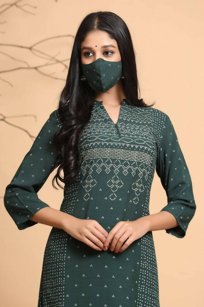 Juniper Women Jade Green Rayon Slub Bandhani Printed A-Line Kurta