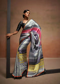 Grey Satin Digital Printed Saree with Unstitched Blouse Piece - Jodha