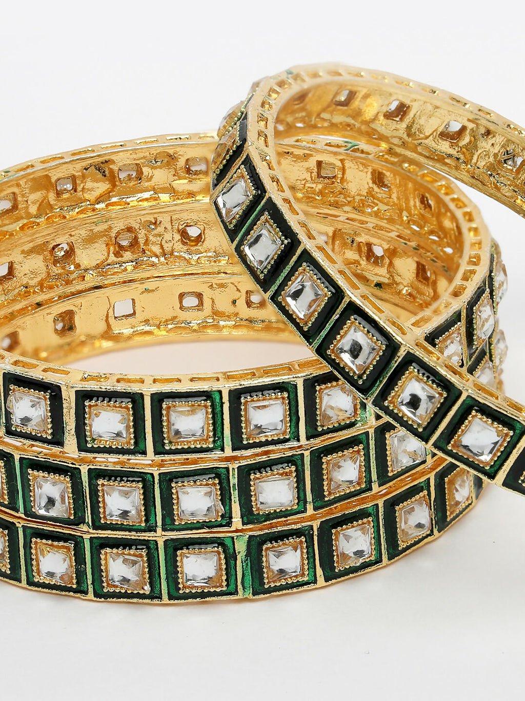 NVR Women's Set Of 4 Gold-Polished Green Kundan-Studded Traditional Bangles