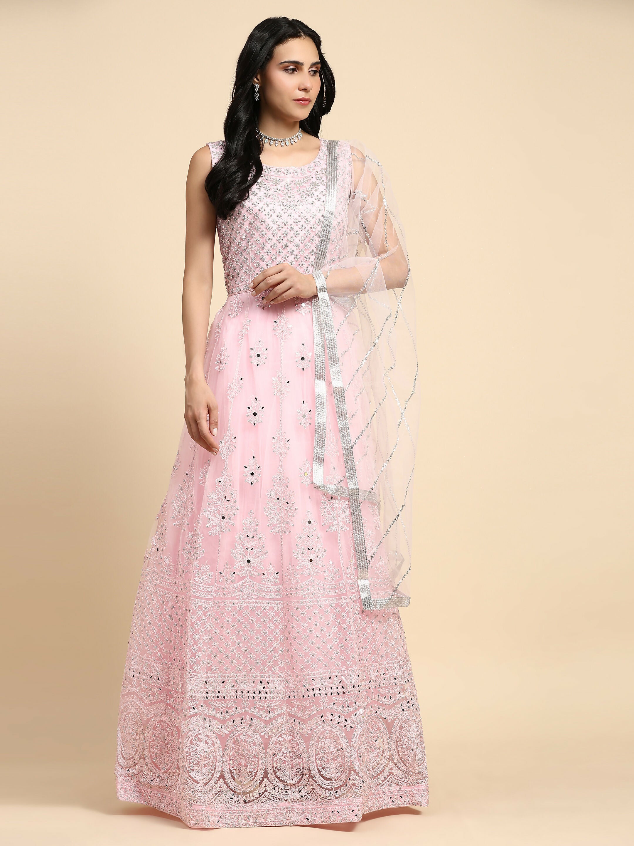 Pink Net Hand Embroidered Gown - Rudrani