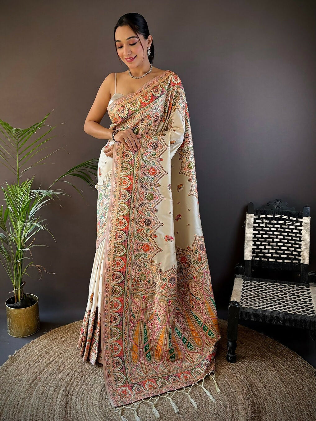Joban Fashion White Meena Weaves Pashmina Sarees