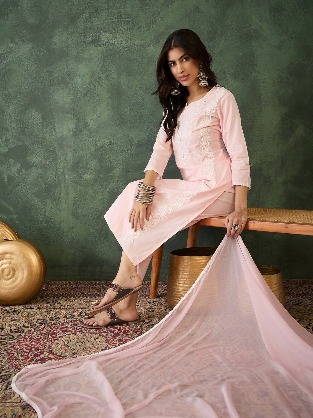 The52 Baby pink Women's Gorgeous Cotton Blend Fabric Thread Work Straight Kurta, Pant and Dupatta Set