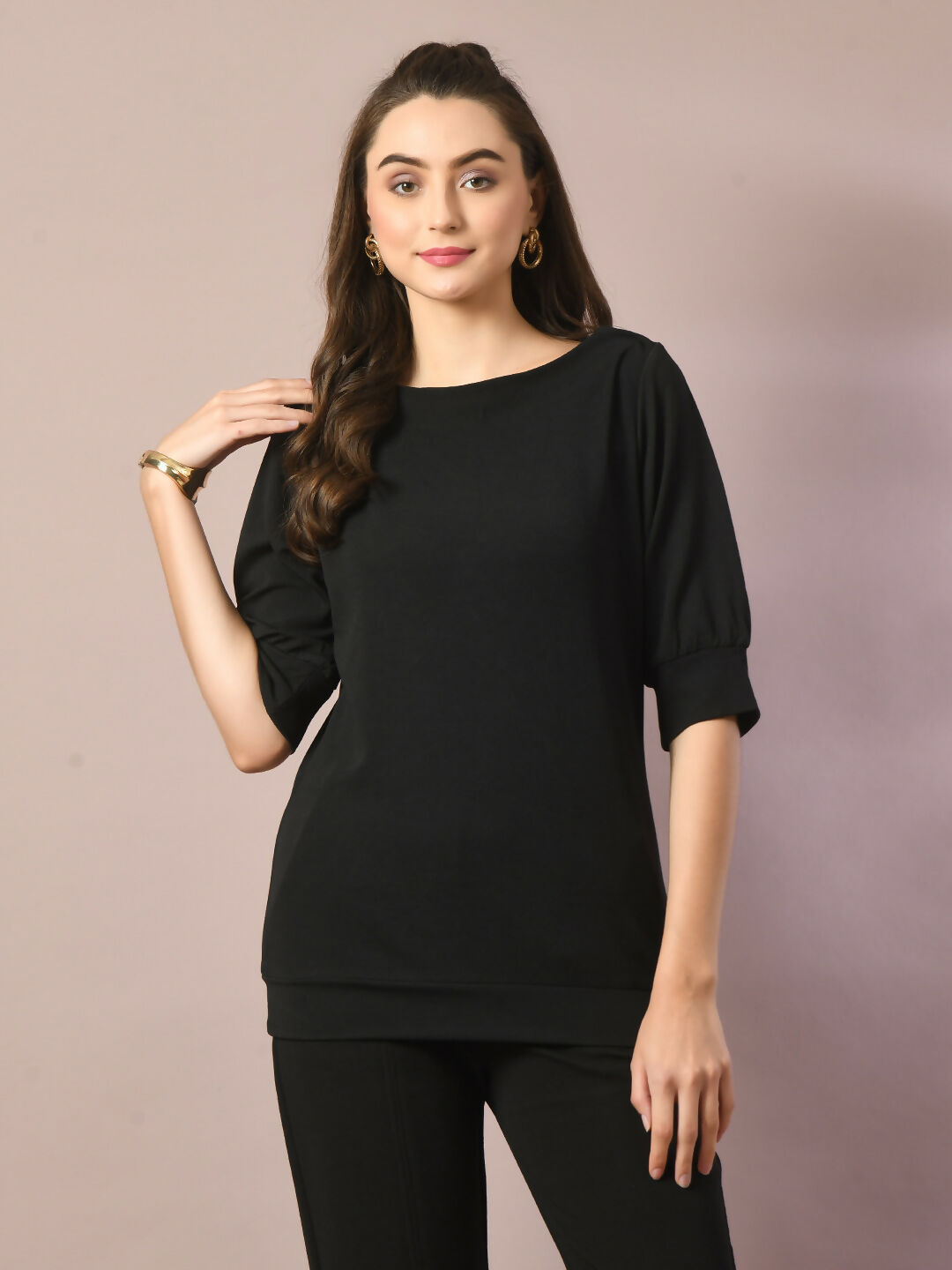 Myshka Women's Black Solid Boat Neck Party Top With Trousers Co-ord set