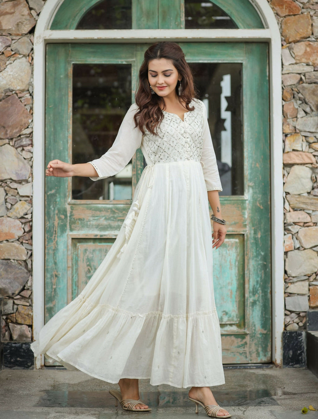Kaajh Women's Off-White Floral Embroidered Cotton Ethnic Dress