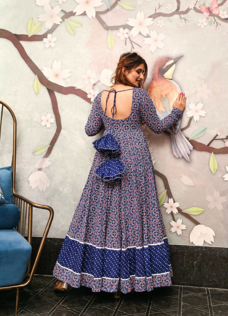 Jyoti Fashion Women's Navy Blue Heavy Digital Printed Cotton Silk Anarkali Dress