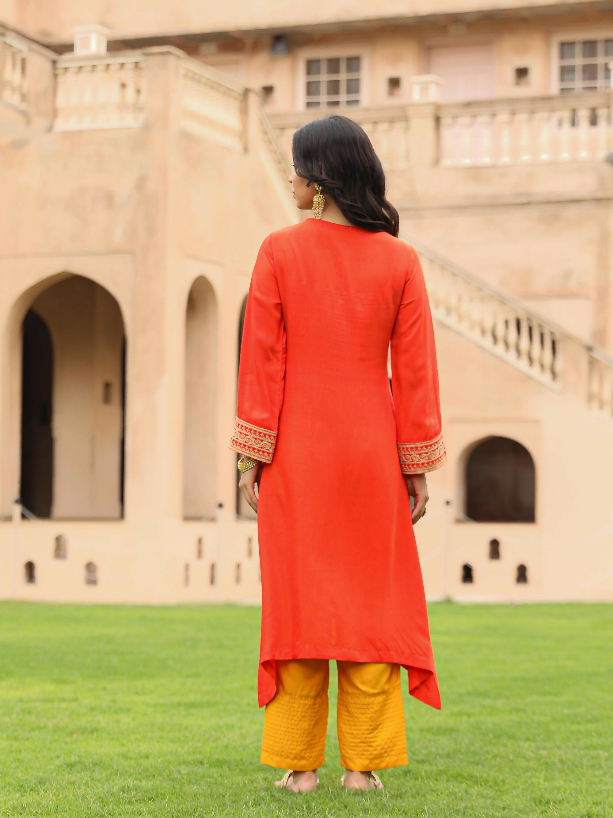 Juniper Women's The Swarna Coral Zari Embroidered Viscose Kurta & Pant Set With Sequins