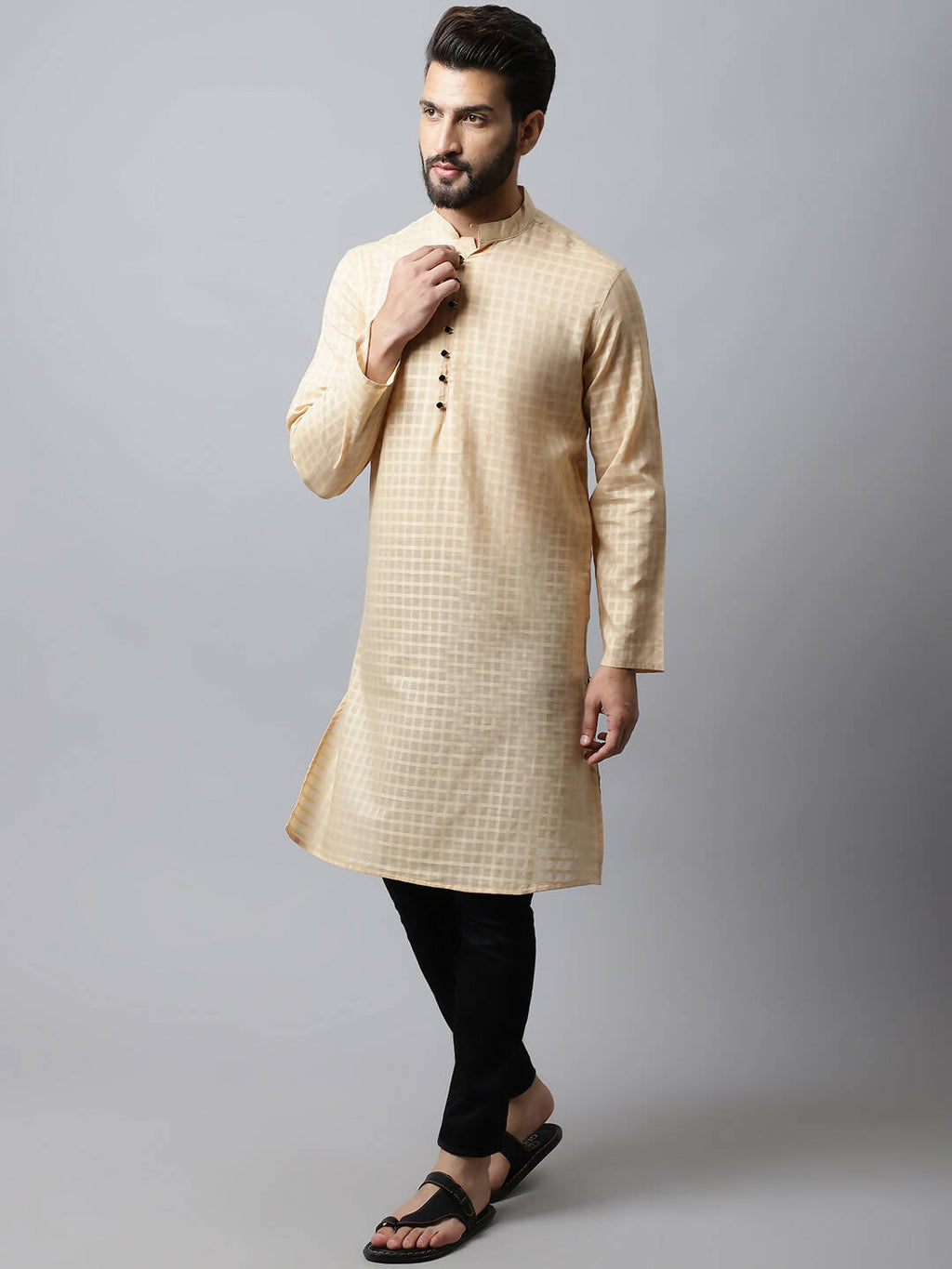 Even Apparels Beige Color Pure Cotton Men's Kurta With Side Placket (CHK1200)