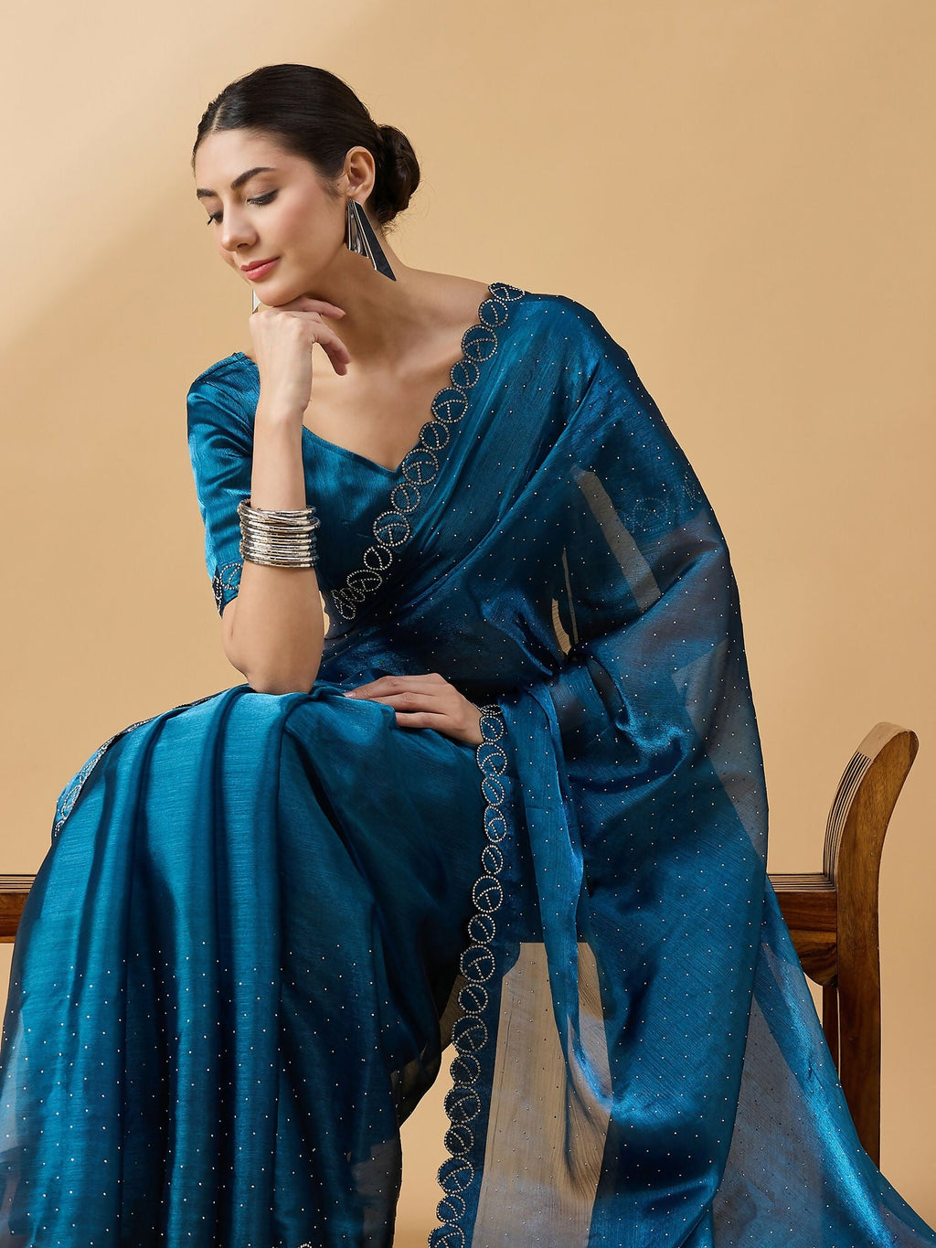 Teal Organza Swaroski Diamond Work Saree with Unstitched Blouse - Radha