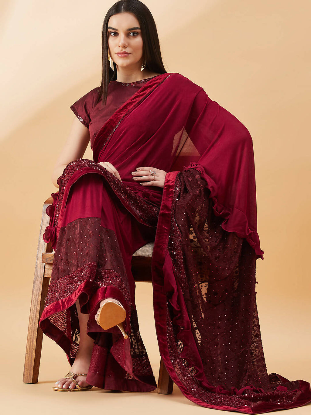 Maroon Lycra Embossed Fancy Velvet, Sequins Embroidery, Frill Details Saree - Norita Hit Design