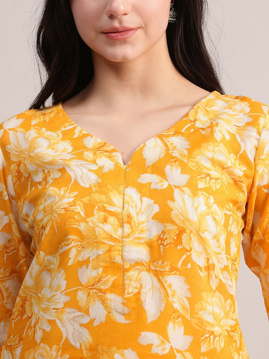Aavyora Women Mustard Yellow Floral Printed Kurta with Chevron Printed Pants & Dupatta Set