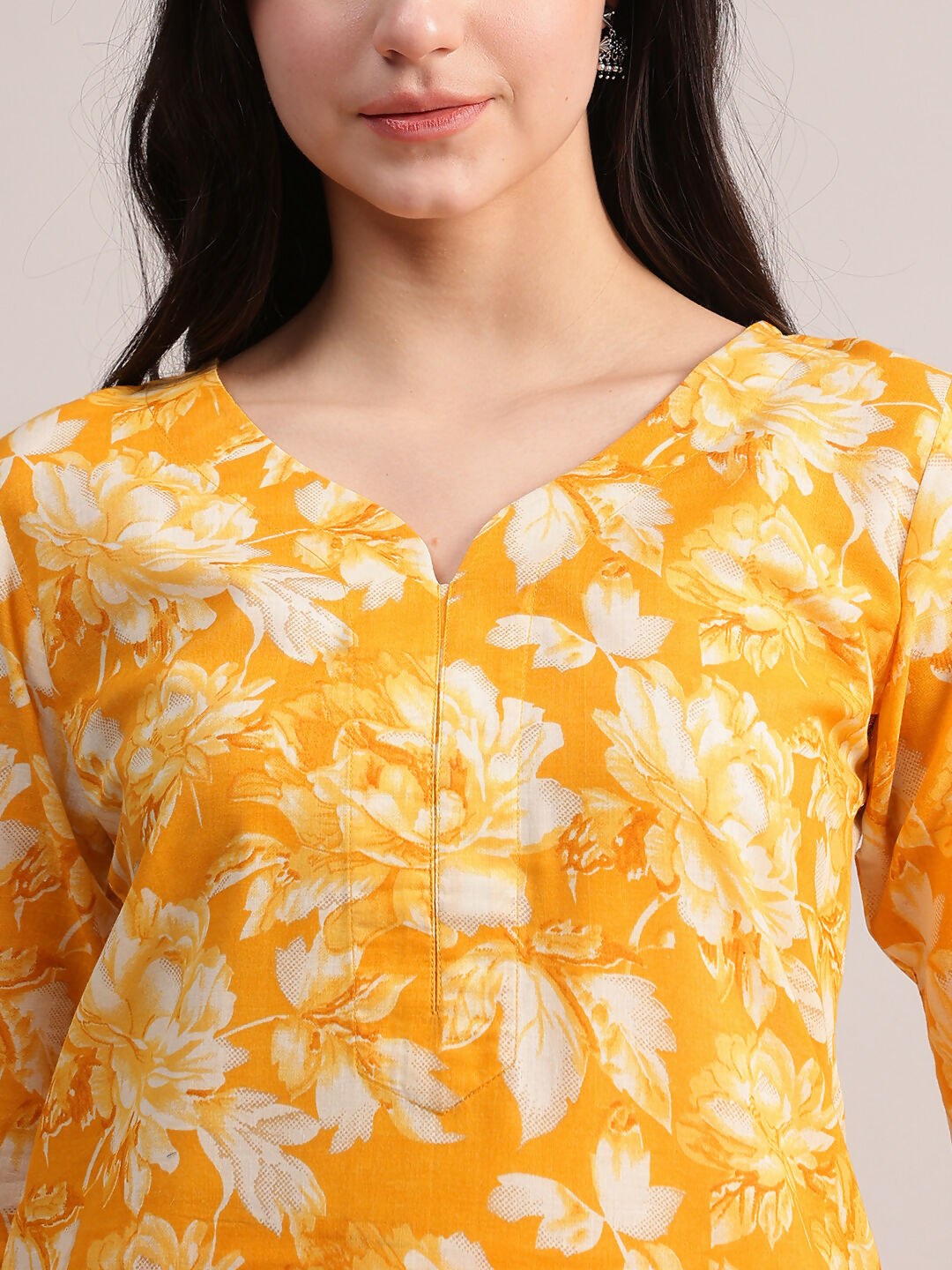 Aavyora Women Mustard Yellow Floral Printed Kurta with Chevron Printed Pants & Dupatta Set
