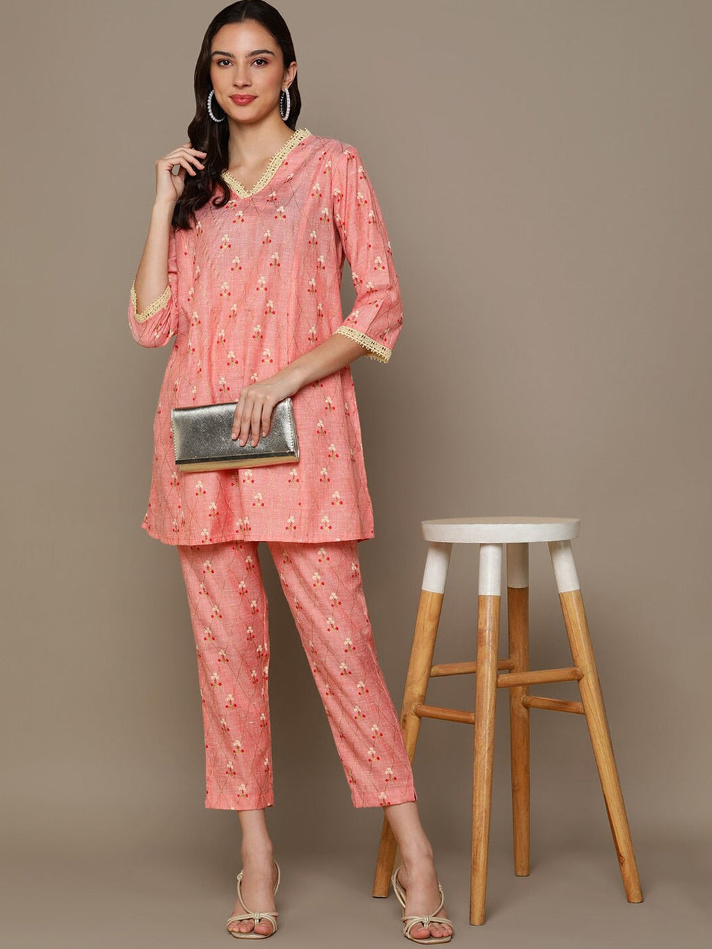 HERE&NOW Orange Floral Printed A-Line Kurta Set