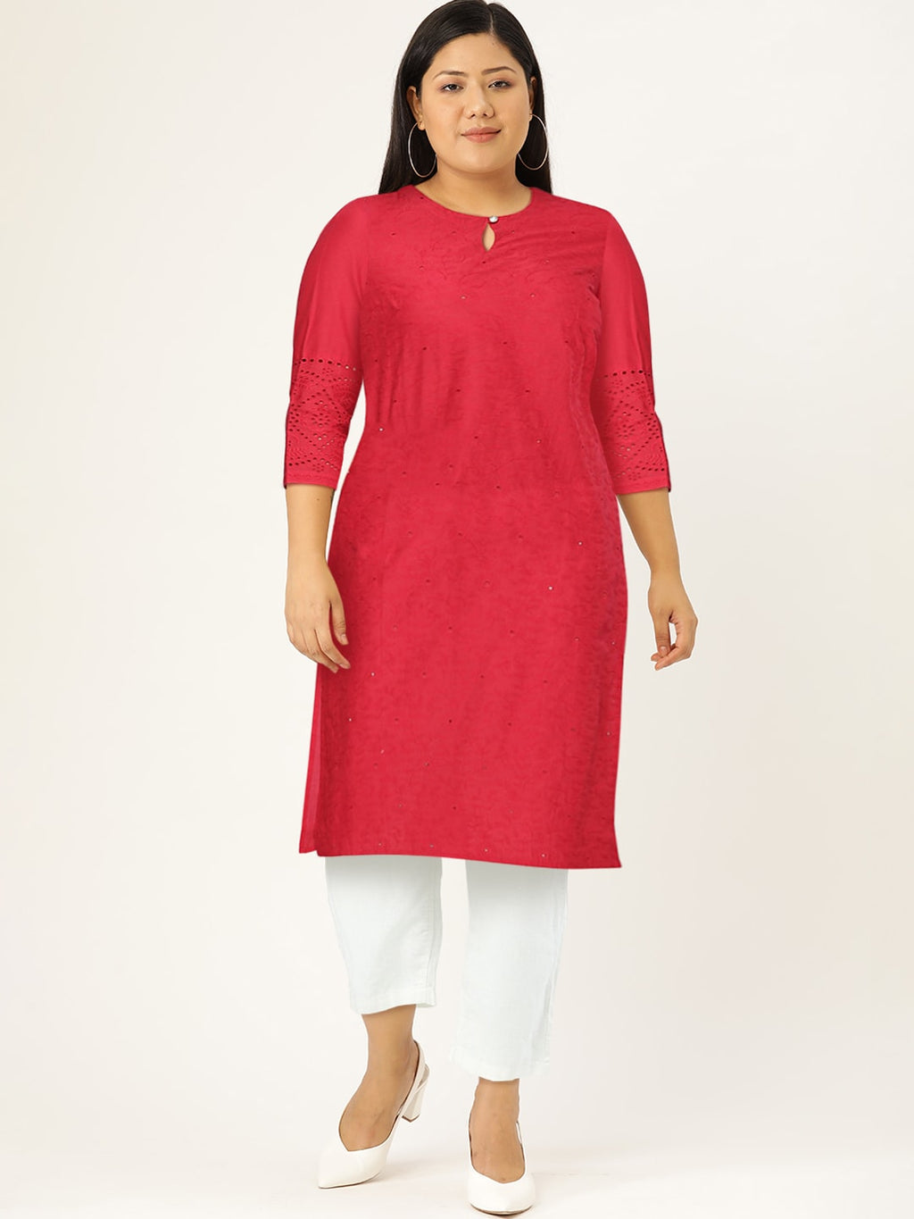 HERE&NOW Women Pure Cotton Floral Embroidered Keyhole Neck Thread Work Kurta