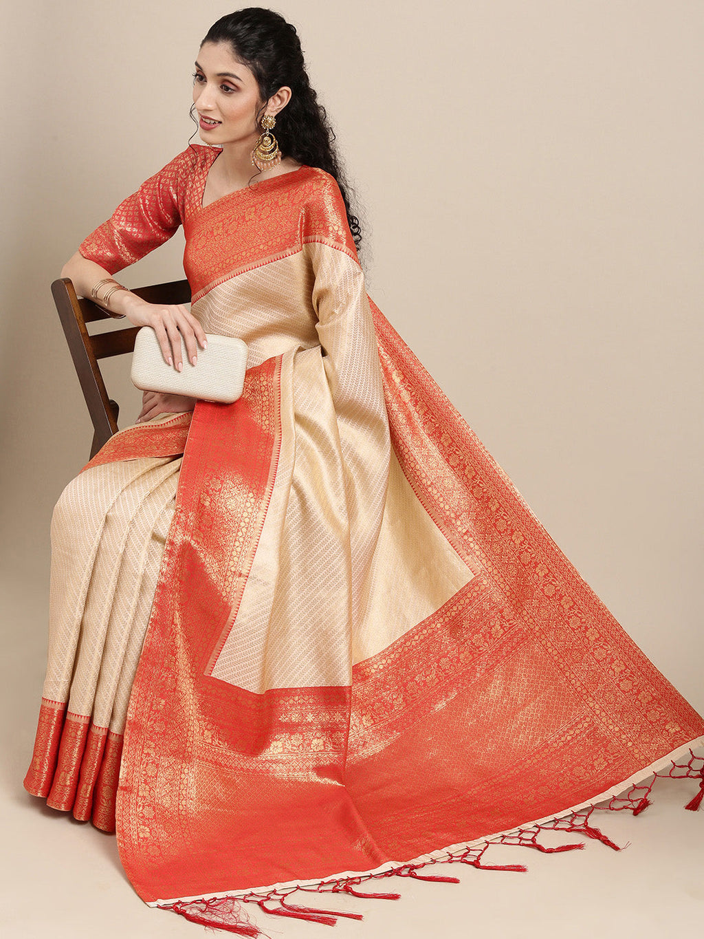 Saree Mall Off White & Red Woven Design Zari Silk Blend Banarasi Saree