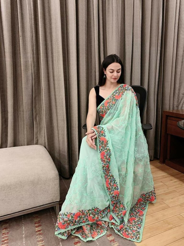 Vamsee Sandhya Sea Green Georgette Saree