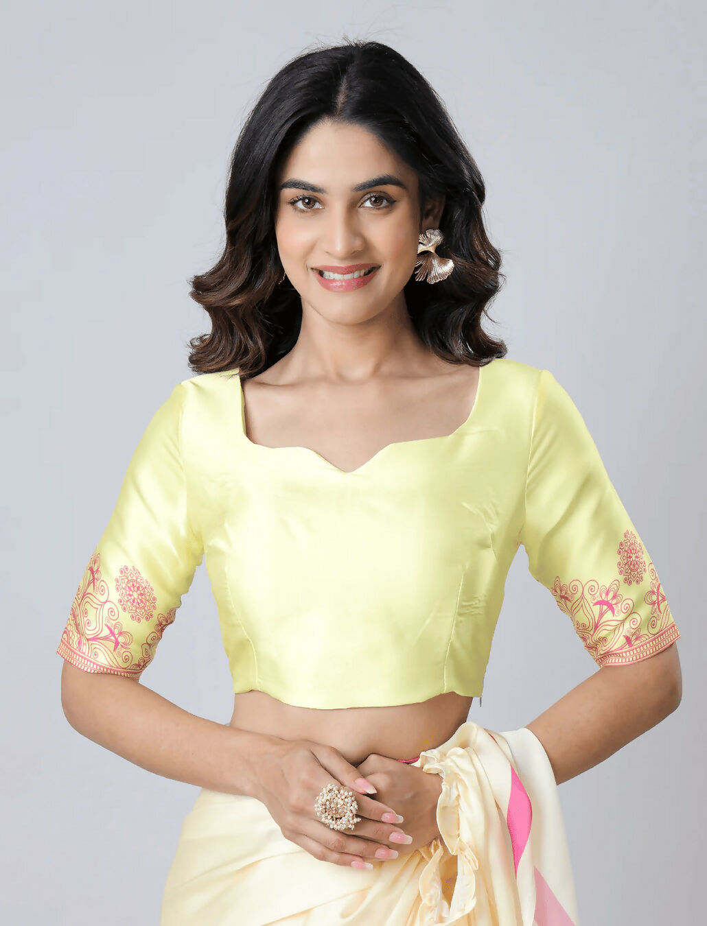 Vastranavya Yellow Mandala Print Free Hand Ready to Wear Saree