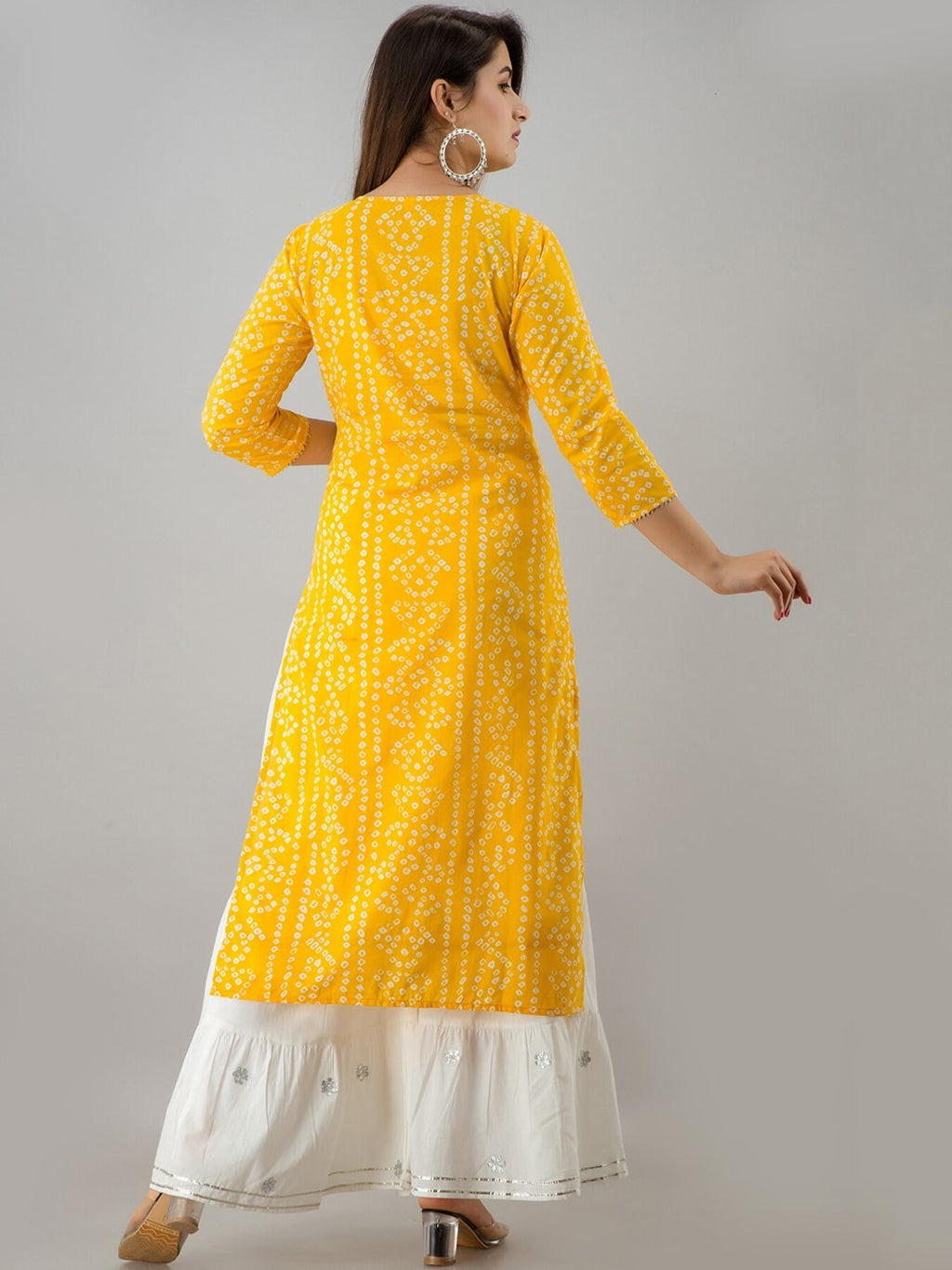 HERE&NOW Yellow & White Bandhani Printed Gotta Patti Kurta with Sharara