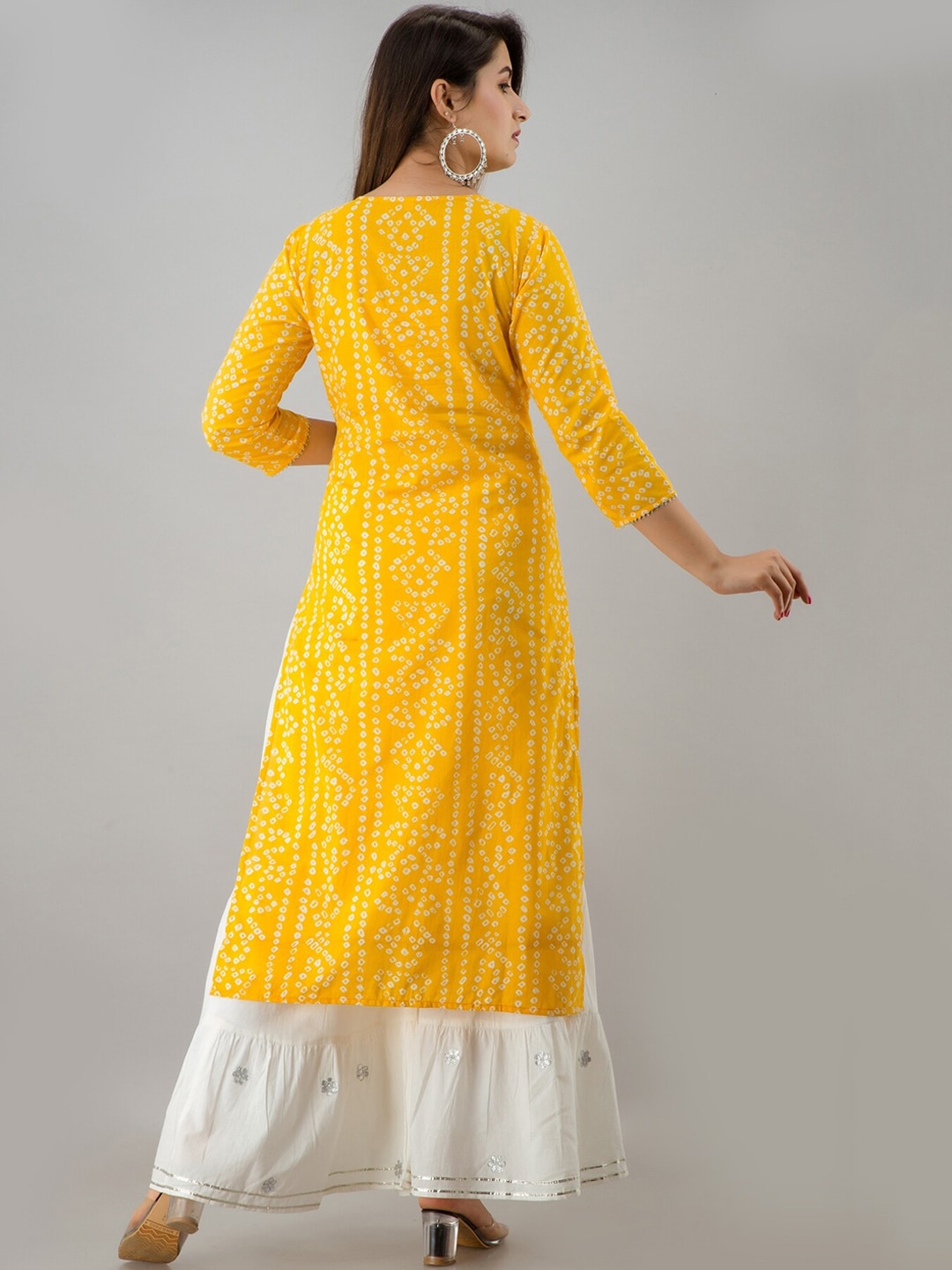 HERE&NOW Yellow & White Bandhani Printed Gotta Patti Kurta with Sharara