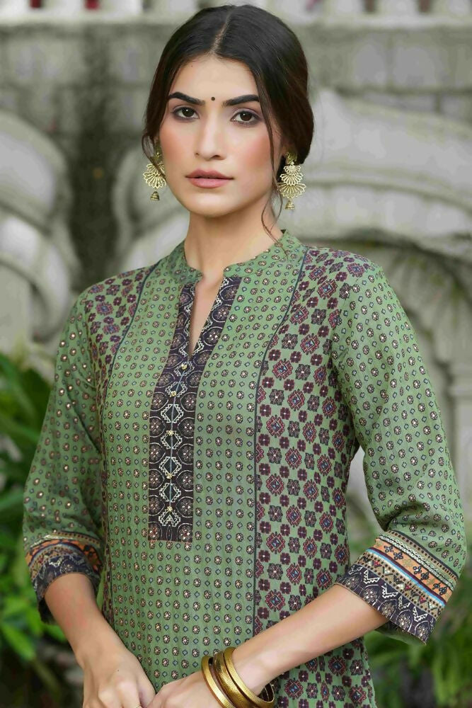 Juniper Green Ethnic Motif Printed Rayon calf length Kurta with Beads & Gota Work