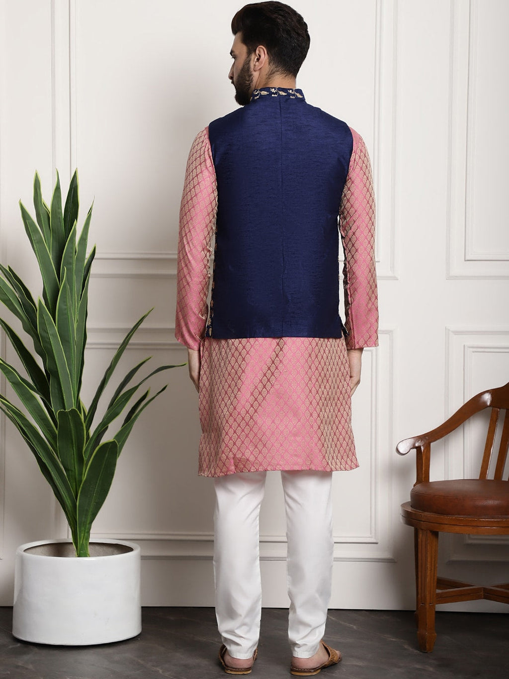 Sojanya Woven Design Mandarin Collar Kurta with Churidar & Nehru Jacket