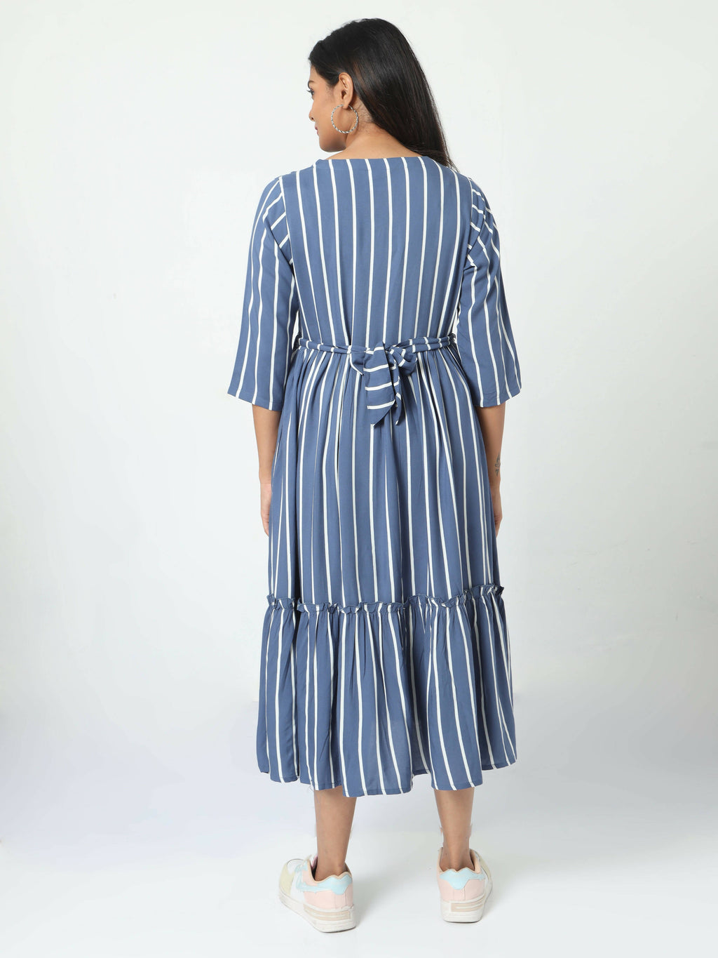 Manet Three Fourth Maternity Dress Striped With Concealed Zipper Nursing Access - Blue
