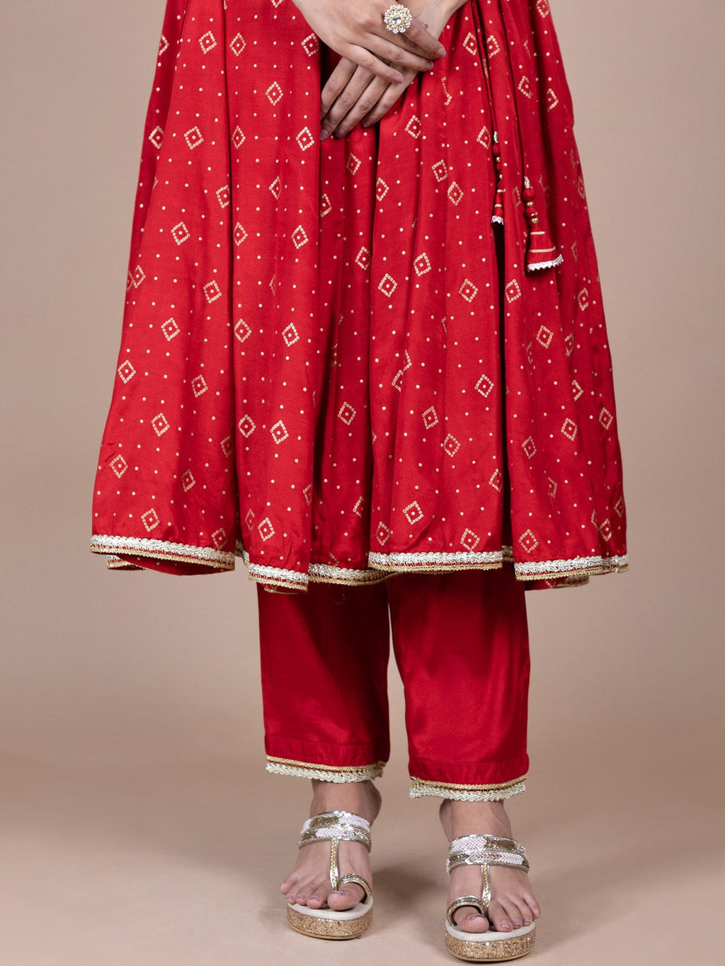 HERE&NOW Red & Beige Ethnic Motifs Printed Angrakha Gotta Patti Kurta with Trousers