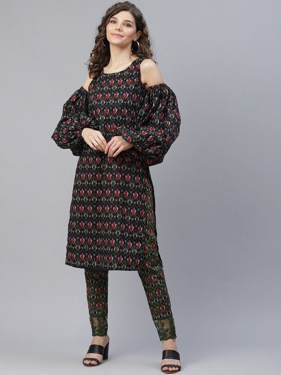 Aks Ethnic Motifs Printed Cold-Shoulder Sleeves Pure Cotton Kurta With Trousers