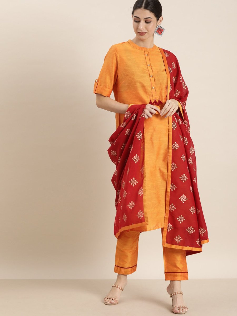 All About You Women Orange Regular Kurta with Trousers & With Dupatta